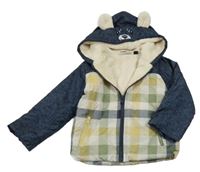 Šedo-zeleno-smetanová kostkovaná šusťáková zateplená bunda s kapucí s medvědem 