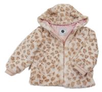 Smetanovo-hnědá leopardí kožešinová podšitá bunda s kapucí Tu
