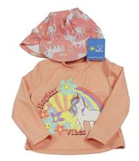 2set - Korálové UV triko s jednorožcem + UV kšiltovka s jednorožci 