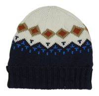 Bílo-tmavomodro-oranžová vzorovaná čepice 