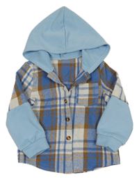 Světlemodro-smetanovo-okrová kostkovaná košilová bunda s kapucí Shein