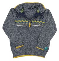 Tmavomodro-bílo-žlutý vzorovaný melírovaný svetr Blue Seven