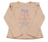 Růžové plyšové triko s Eiffelovkou a nápisem 