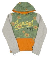 Zeleno-šedo-oranžová květovaná mikina s nápisy a kapucí 