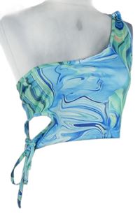 Dámský modro-zelený vzorovaný asymetrický crop top se zavazováním