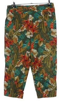Dámské khaki květované plátěné capri kalhoty 