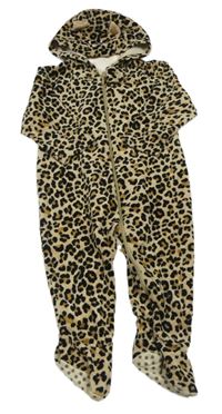 Béžový sametový overal s leopardím vzorem a kapucí Mothercare