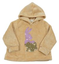 Oranžovo-hnědá chlupatá mikina s králíčkem a flitry a kapucí 