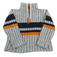 Šedo-tmavomodrý melírovaný žinylkový svetr s pruhy a stojáčkem