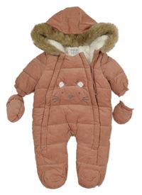 Růžová manšestrová zateplená kombinéza s čumákem a kapucí + rukavice F&F