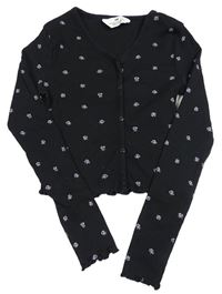 Černé žebrované crop triko s kytičkami H&M