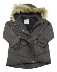 Šedý šusťákový zimní kabát s páskem a kapucí zn. Primark 