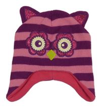 Růžovo-purpurová pruhovaná pletená čepice se sovou Topolino