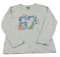 Šedé melírované triko s číslem a kytičkami Tchibo