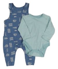 2set - Modré žebrované laclové tepláky s duhami + světlemodro-bílé pruhované body 