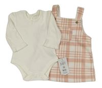2Set - Bílo-světlerůžovo-starorůžové kostkované fleecové šaty + bílé žebrované body George