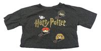 Tmavošedé melírované crop tričko s postavami a nápisem z flitrů - Harry Potter PRIMARK