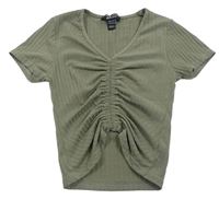 Khaki žebrované crop tričko s nařasením zn. New Look