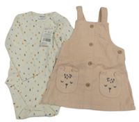 Nové - 2Set - Světlepudrové manšestrové šaty s čumáky + smetanovo/barevné vzorované žebrované body F&F