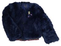 Tmavomodrý kožešinový podšitý crop bomber s obrázky a logy QUAPI