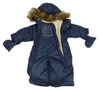 3v1 - Tmavomodrý prošívaný šusťákový zimní fusak s kočičkami a kapucí s kožešinou + rukavice