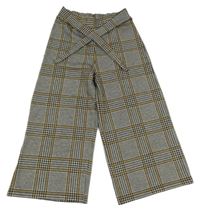 Černo-světlešedo-hořčicové kostkované široké crop kalhoty se zavazováním F&F