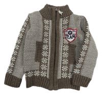 Hnědo-bílý vzorovaný vlněný propínací svetr s nášivkou 