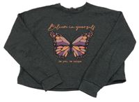 Tmavošedá melírovaná crop mikina s motýlkem George