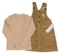 Nové - 2Set - Hnědé manšestrové šaty + broskvovo/smetanovo/zlatý pruhovaný žebrovaný rolák F&F