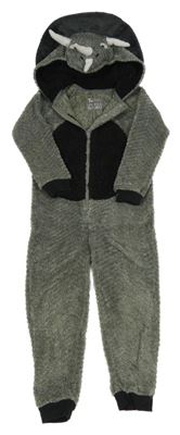 Šedo-bílo-černá melírovaná plyšová kombinéza s kapucí - dinosaurus Tu