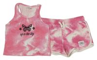 2Set - Růžovo-bílé batikované teplákové kraťasy s nášivkou + crop top s motýlkem Page one young