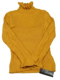 Nové - hořčicový žebrovaný svetrový rolák s volánky St. Bernard