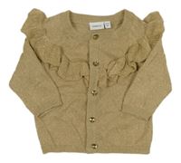 Béžovo-zlatý melírovaný propínací svetr s volánky name it.