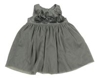 Šedé tylovo/saténové slavnostní šaty s květy Benetton