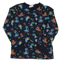 Tmavomodré pyžamové triko s dinosaury a planetami C&A