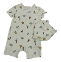 Nové - 2Set - Bílý žebrovaný kraťasový overal se zvířátky + čepice s oušky F&F