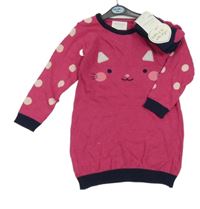 Nové - 2Set - Tmavorůžovo/tmavomodré pletené šaty s kočičkou a puntíky + punčocháče PRIMARK
