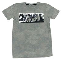 Šedé army tričko s potiskem s překlápěcími flitry M&Co.