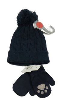 2set - Tmavomodrá pletená čepice s bambulí + palcové rukavice s tlapkou