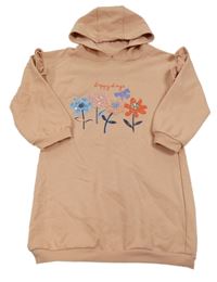 Starorůžové teplákové šaty s květinami s flitry a kapucí Tu