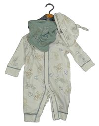 Nové - 3set - Smetanový overal s Mickeym + bavlněná čepice + zelenošedý slinták Primark