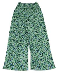 Černo-zeleno-modré květované plisované lehké široké kalhoty Page One Young