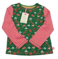 Nové - zeleno-růžové triko s hmyzem a pruhovanými rukávy 