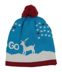 Tyrkysovo-bílo-vínová pletená čepice se soby a bambulí 