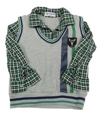 Šedo-zelená svetrová vesta s košilovými rukávy a límcem 