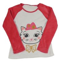 Bílo-růžové plyšové pyžamové triko s kočkou kids