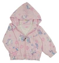 Světlerůžová lehká šusťáková jarní bunda s jednorožci a kapucí 