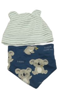 2 set - bílo-zelená pruhovaná čepice + tmavomodrý slinták s medvědy 