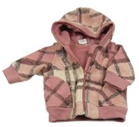 Růžová kostkovaná flaušová zateplená bunda s kapucí Next