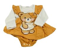 Hořčicovo-bílé šaty s medvědem a všitým body 